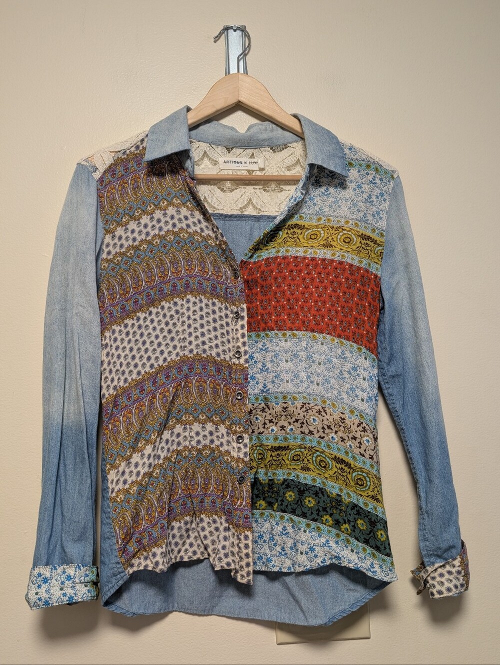 Artisan de Luxe Patchwork Lace Chambray Button Front Shirt Women's Small
